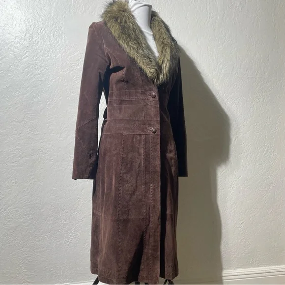 Wilsons Leather suede Brown Trench Coat with Faux Fur Collar - Picture 6 of 12